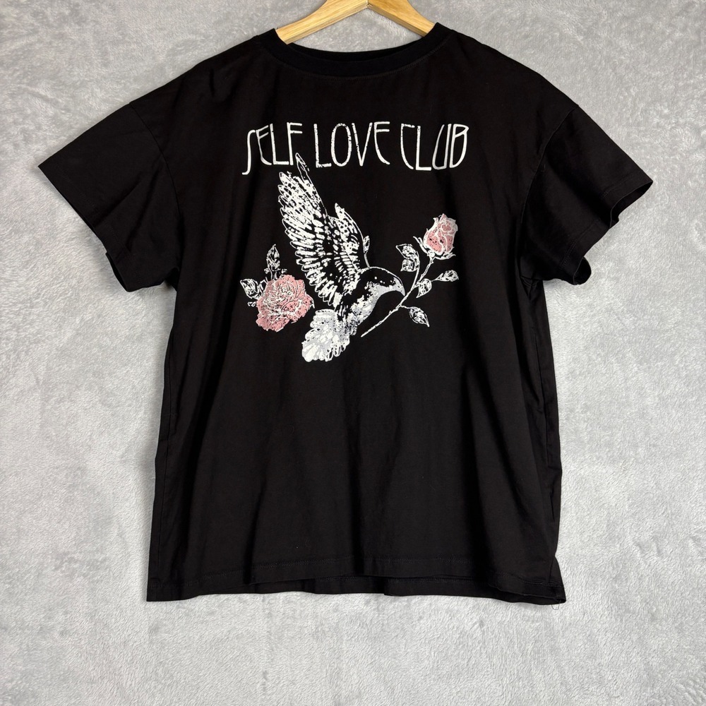 Brunette The Label Self Love Club‎ Black Graphic Tee Bird Roses M/L